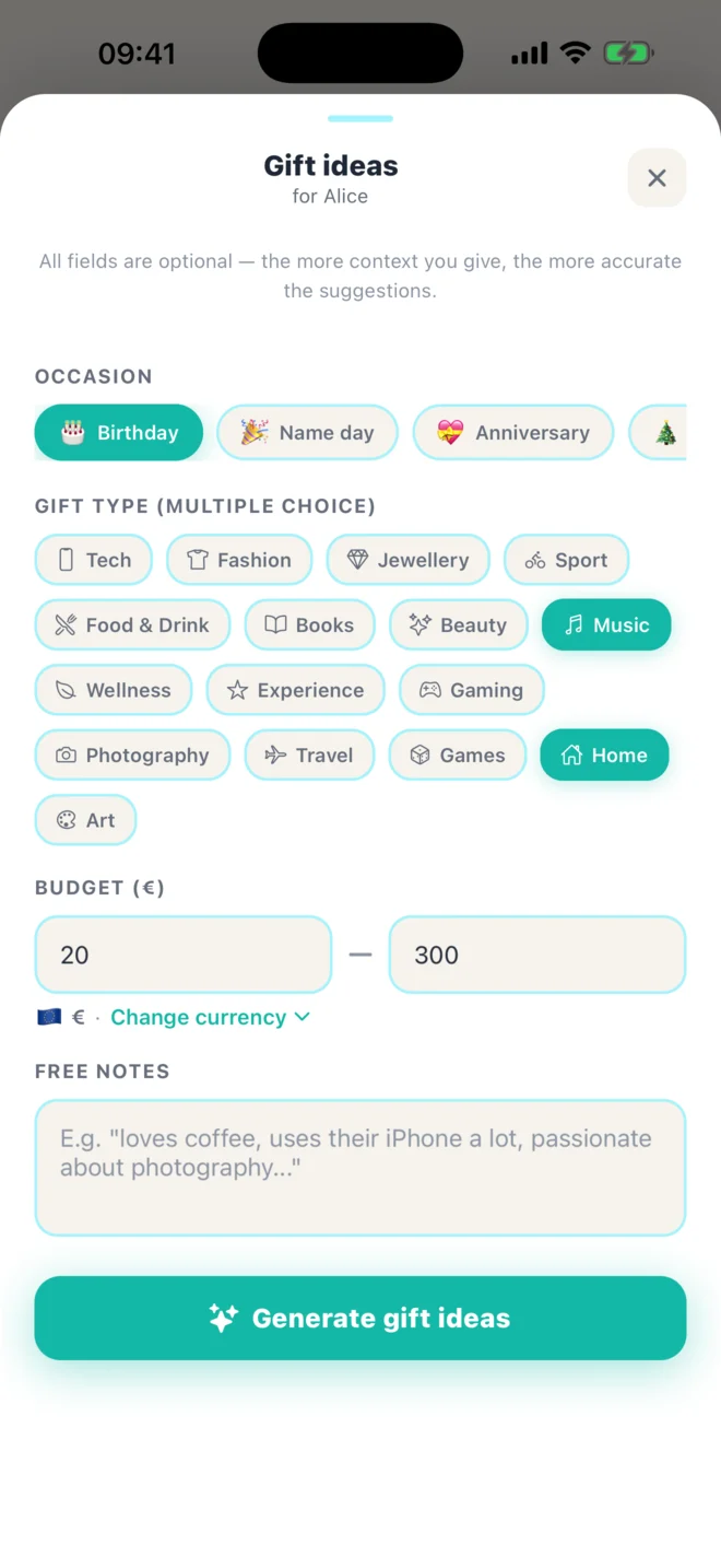Occasione, tipo di regalo, budget e note: tu scegli, l'AI propone